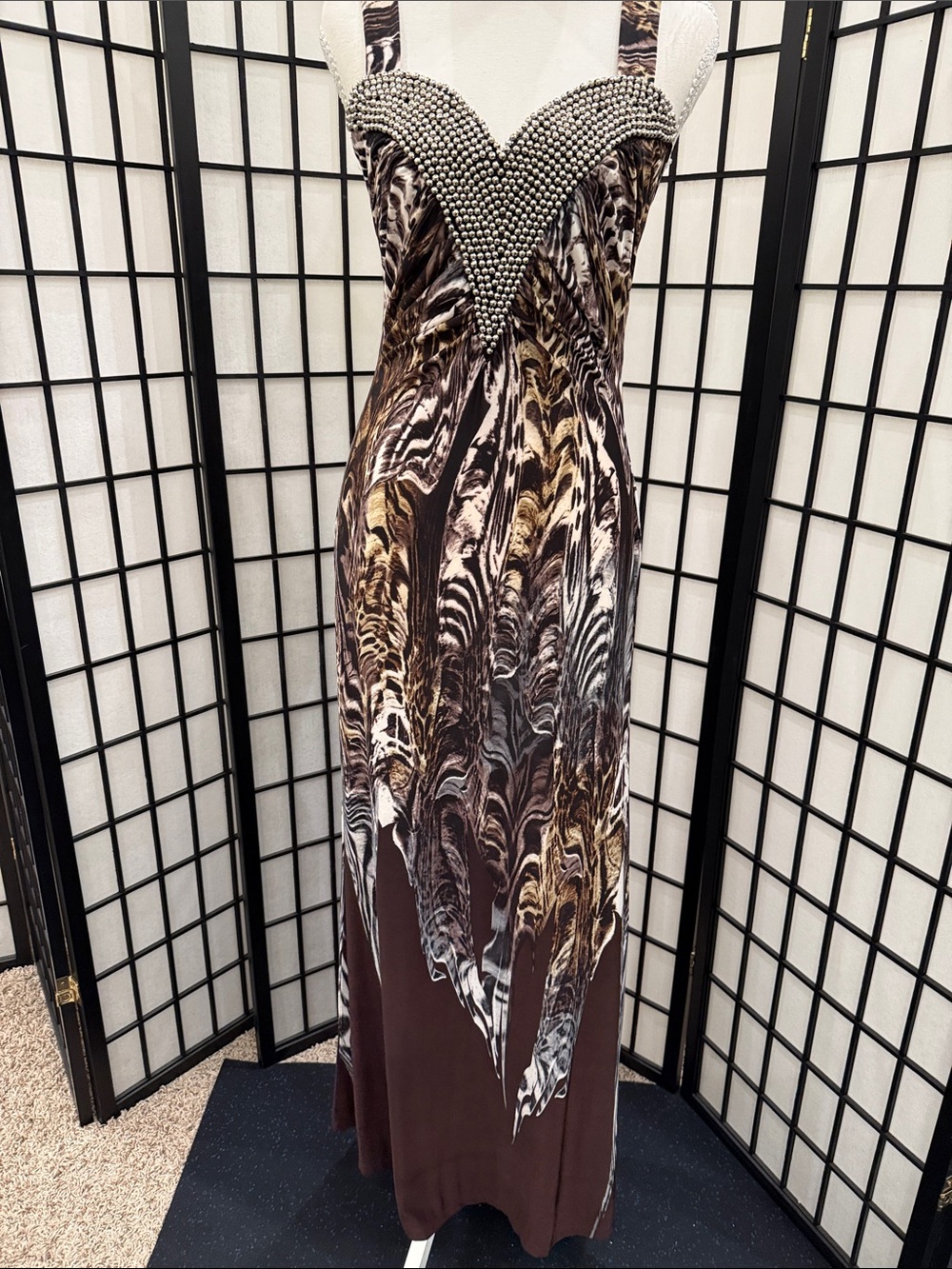 Never worn! Venus Beaded Sweetheart Neckline Maxi Dress in Brown and Cream